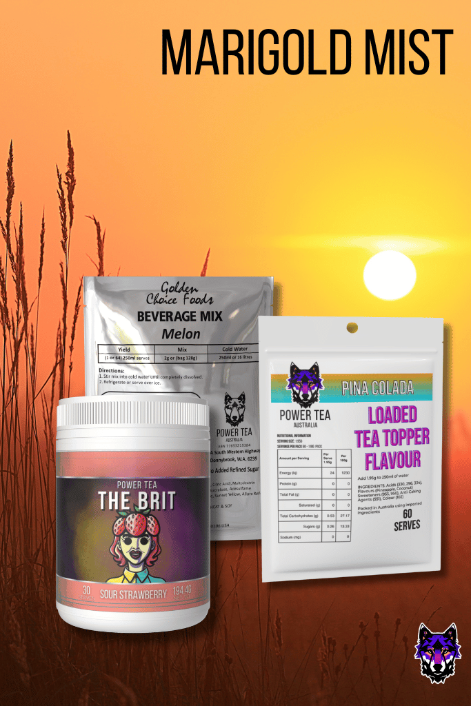 Showing products that make up the Marigold Mist Power Tea, The Brit Power Tea tub, a bag of Pina Colada and a bag of Melon Tea toppers from Gage Foods set against a sunsetting over a wheat field with a orange and hazy glow