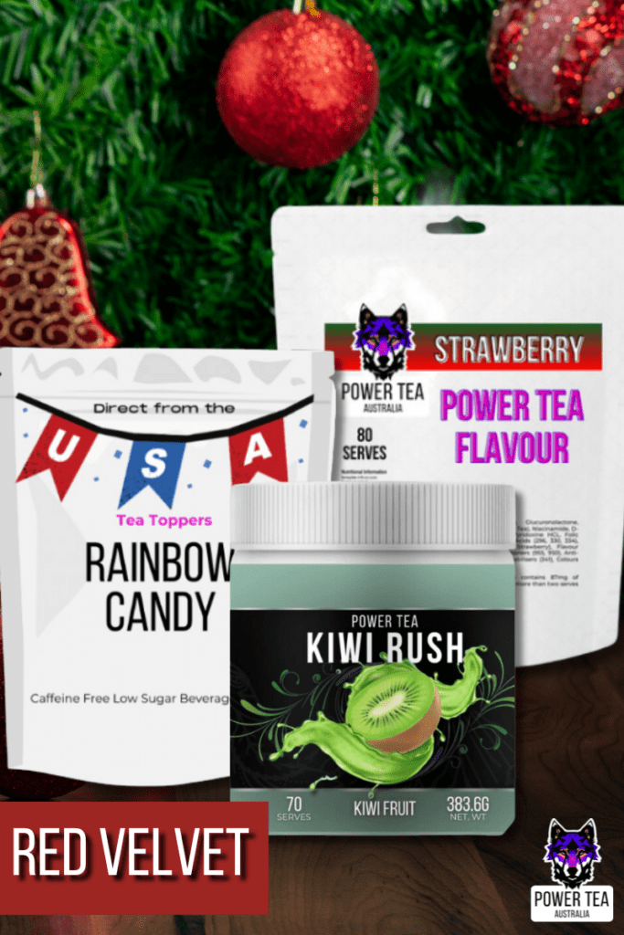 a group of Power Tea products that make up the Red Velvet Drink recipe in a Christmas setting