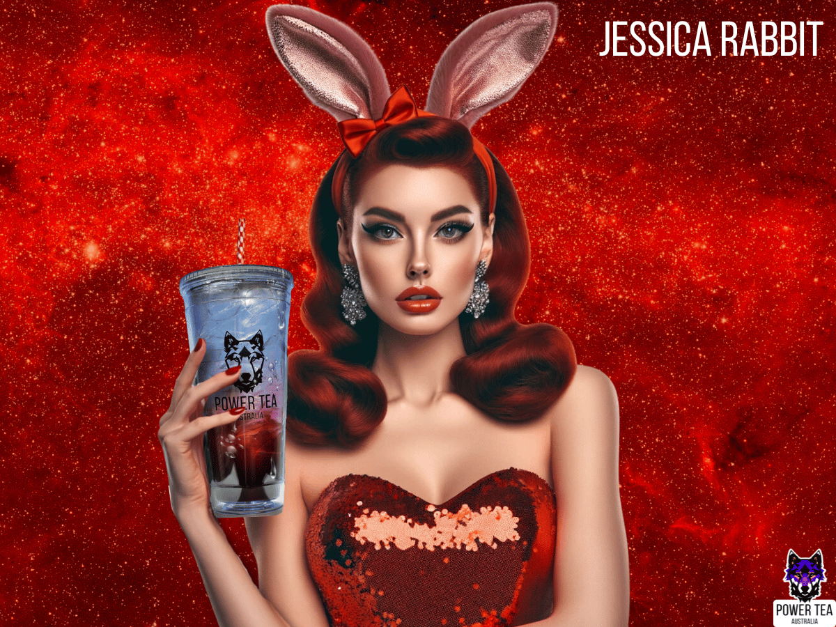 A woman with red hair, in a red sequin dress wearing bunny ears and holding a Power Tea drink called Jessica Rabbit