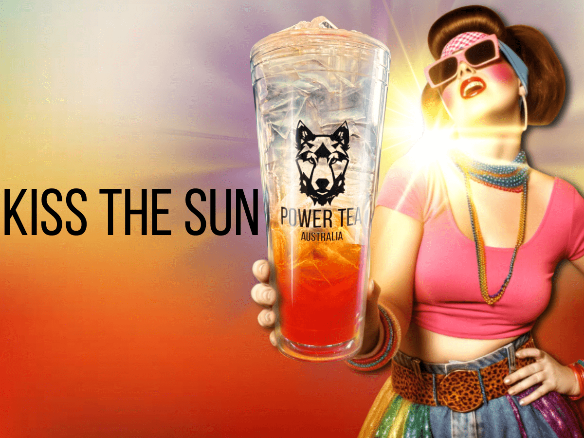 Kiss the Sun Power Tea Drink of the month for April, poster showing a young women dressed in bright 80's clothing holding a red Power Tea beverage in her hand with a bright sun on her left sholder