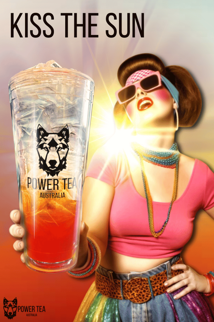 Woman holding a Kiss the Sun Power Tea wearing 80's outfit with the sun behind her.