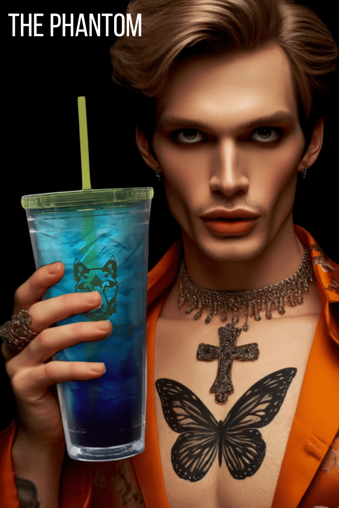 Our enigmatic male model holds a tumbler of The Phantom, Power Tea's Tea of the month Drink for May. His brooding presence and the mysterious aura invite you to indulge in a Power Tea that’s as thrilling as it is mysterious.