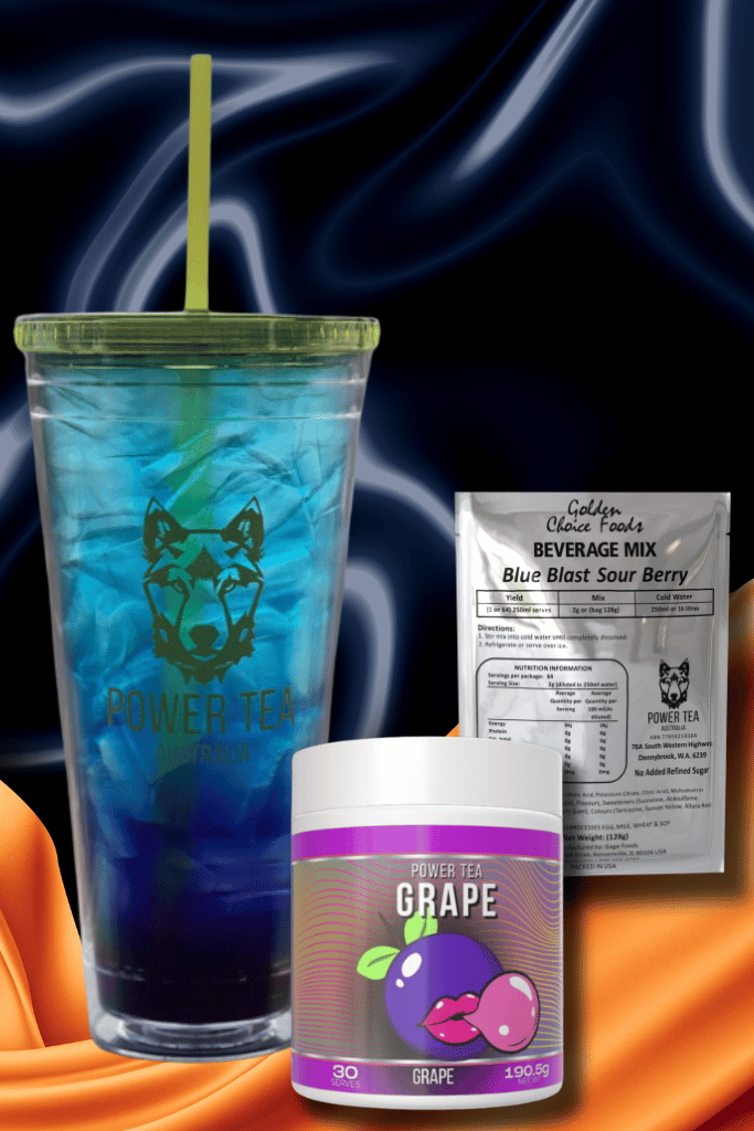 An image of a Power Tea of the Month drink called The Phantom, which is a dark purple blue colour at the bottom, fading up to a lighter blue colour, together with the ingredients, product shot of Power Tea Grape and Golden Choice Foods Blue Blas Sour Berry topper.