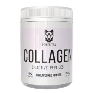 Product shot of Power Tea's collagen bioactive peptide 30 serve tub. It's a white tub showing the brands logo, name and details.