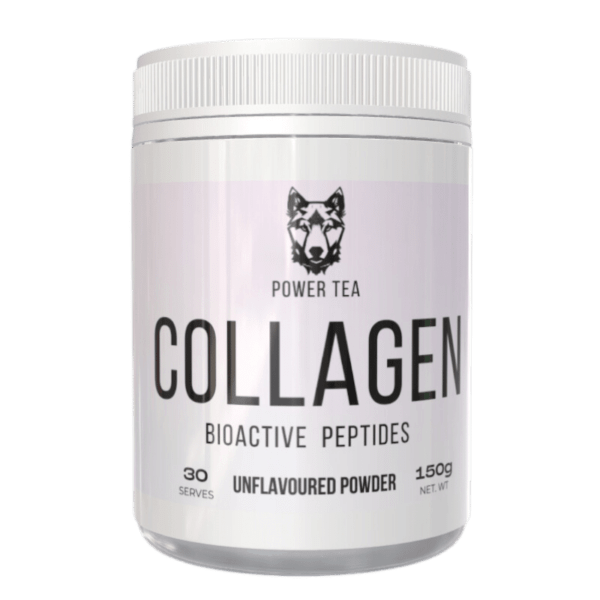Product shot of Power Tea's collagen bioactive peptide 30 serve tub. It's a white tub showing the brands logo, name and details.