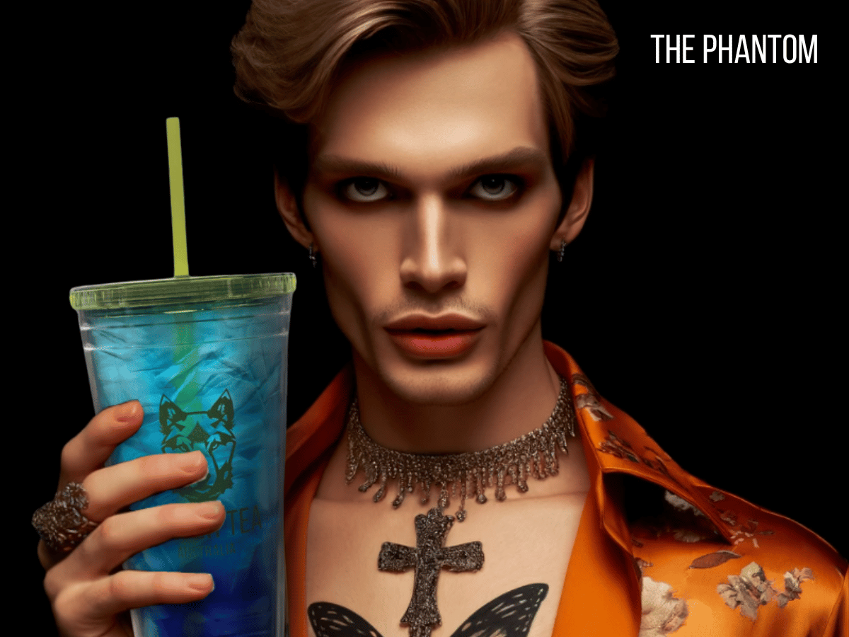 A male model holding a Power Tea of the month drink The Phantom